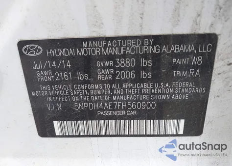 2015 Hyundai Elantra Se z USA, uszkodzony, nr VIN 5NPDH4AE7FH560900